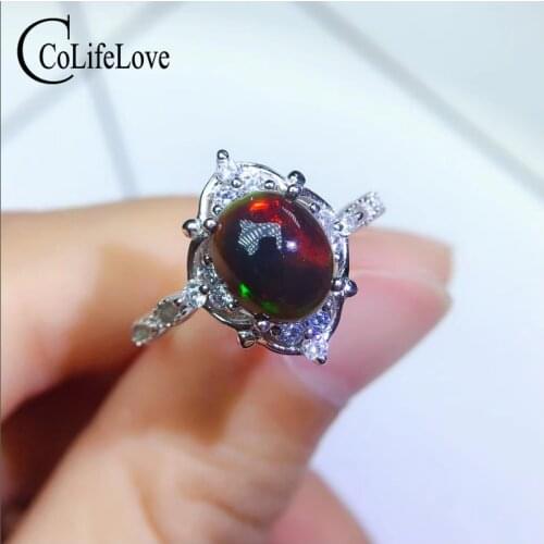 CoLife Jewelry 925 Silver Black Opal Ring for Daily Wear 7*9mm Dyed Natural Opal Silver Ring Birthday Gift for Woman