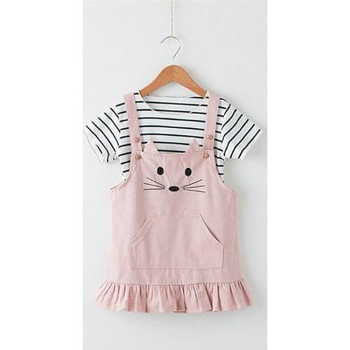 Dulce Amor Girls Dress Set Spring Baby Girl Clothes Cotton Striped T-shirt+Condole belt Cat Pattern Skirt 2Pcs Children Clothing