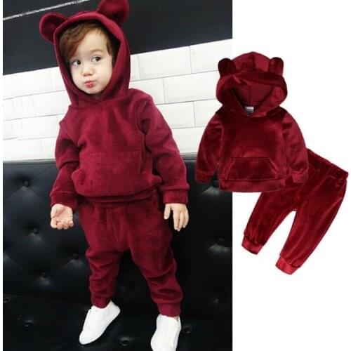 2pcs Toddler Boy Girl Winter Clothes Sets Spring Solid Long Sleeve Velvet Hooded Tops+pants Warm Outfits Set 1-5 Years