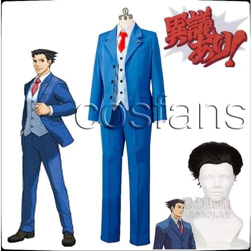Ace Attorney Phoenix Wright Ryuichi Naruhodo Blue Suit Cosplay Costume Full Set Halloween Cosplay Costume and wigs tie
