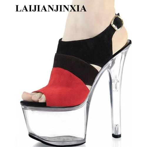 LAIJIANJINXIA Women 17cm sexy Crystal super star shoes 17CM heels summer sandals baking paint decorating Lady Club dancing shoes