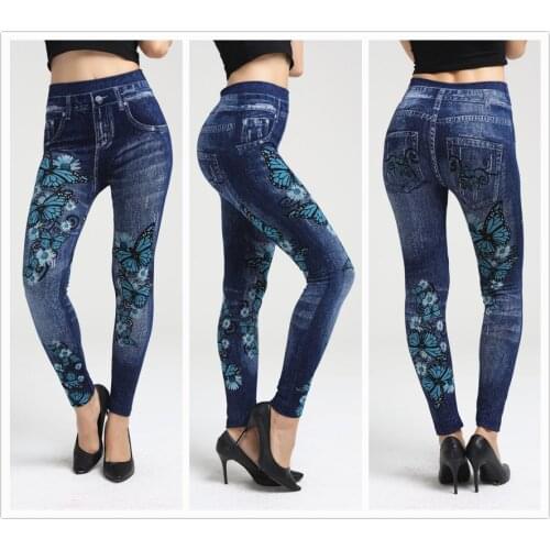 Summer Fashion Sexy Butterfly Print Leggings Women Plus Size XS-XXXL Slim Imitation Denim Legging Casual Seamless Jeggings