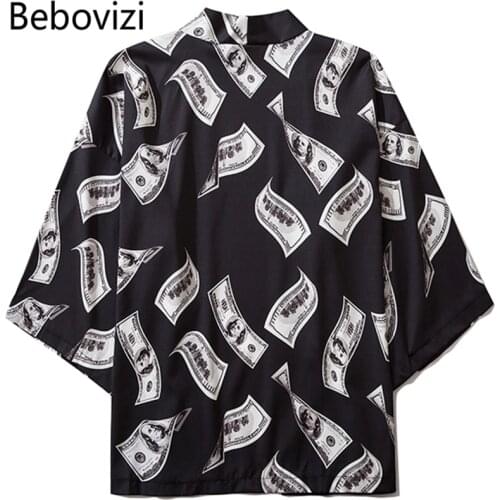 Bebovizi Full Dollar Bill Print Kimono Cardigan Men Japanese Obi Male Yukata Mens Haori Clothing Traditional Japan Street