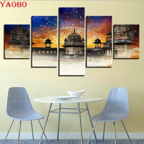 5 Pieces 5D Diy Diamond painting full square round drill mosaic diamond embroidery Retro India Building Castle Landscape