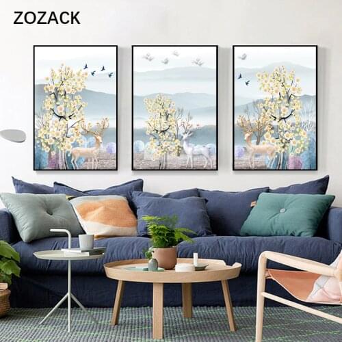 Zozack Needlework DIY Animal Deer Cross Stitch Sets for Embroidery Kits Elk Triptych Painting Home Decor Counted Cross-Stitch