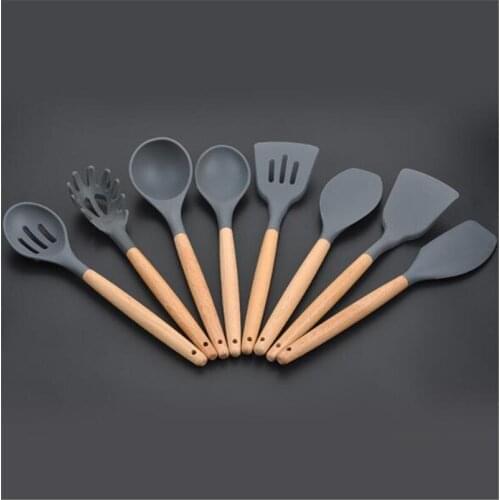 Silicone Kitchen Tools Set Cooking Tools Utensils Set Spatula Shovel Soup Spoon with Wooden Handle Special Heat-resistant Design
