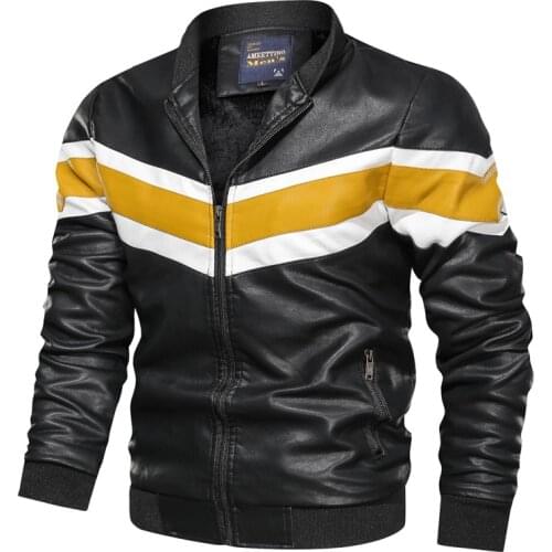 2019 New Fashion Mens Jackets High Quality Casual Lether Jacket Men Patchwork Slim Fit Stand Collor Lether Jacket Men