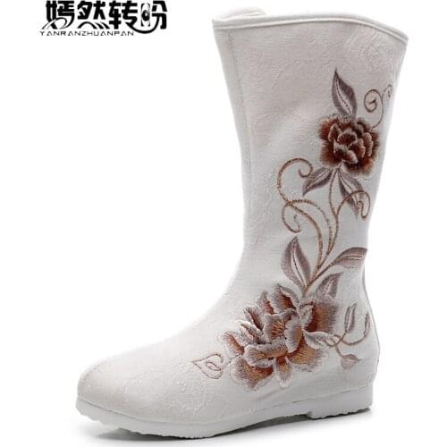 2019 Wine New Women Boots Chinese Floral Embroidered Boots Womens Cotton Knee Boots Increased Heel Warm Zipper Cloth Boots