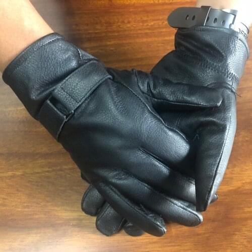 New Mens Leather Gloves Winter Warm Coral Fleece Genuine Leather Driving Gloves Women Italy Made Goatskin Motorcycle Hand Gloves