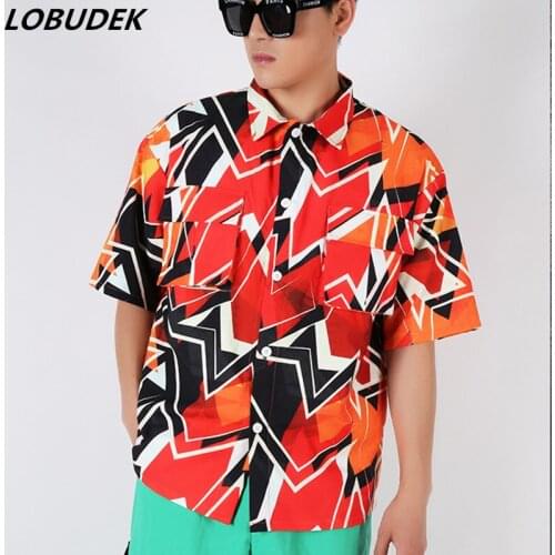 Casual Summer Mens Shirt Geometric Pattern Loose Shirts HIP HOP Style Tide Male Tops Orange Short Sleeve M-2XL Stage Costume