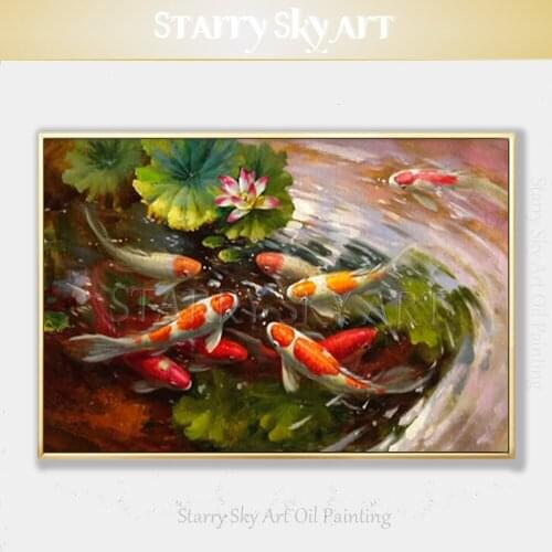 Professional Artist Pure Hand-painted Animal Fish Carp Oil Painting on Canvas Beautiful Koi Cyprinoid Oil Painting for Wall Art