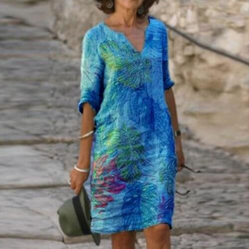 Half Sleeved V Neck Printed Loose Dress Womens Fashion Casual Vintage Spring Summer All-match Plus Size Beach Dresses Vestidos