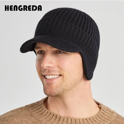 Winter Brim Hat with Ear Cap Men 2021 Outdoor Soft Wool Knitted Casual Skullies Beanies Male Boy Balaclava Bonnet Black