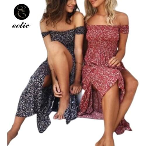 Vintage Floral Dress Sukienka Off Shoulder Ruched Thigh Slit Dress Robe Femme 2021 High Waist Shirred Dress Boho Clothing Women