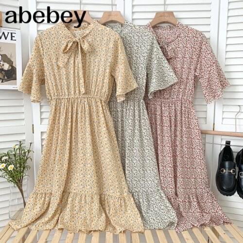 Vintage V-neck flare sleeve Dress lace up bow high waist pleated waist print mid-length A-line Dress 2021 New Summer