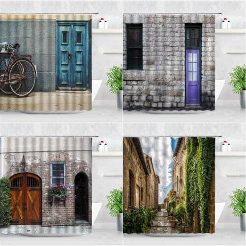 Town Flowers Street Shower Curtains Set Vintage Blue Wooden Door Stone Wall Green Plant Waterproof Fabric Bathroom Curtain Hooks