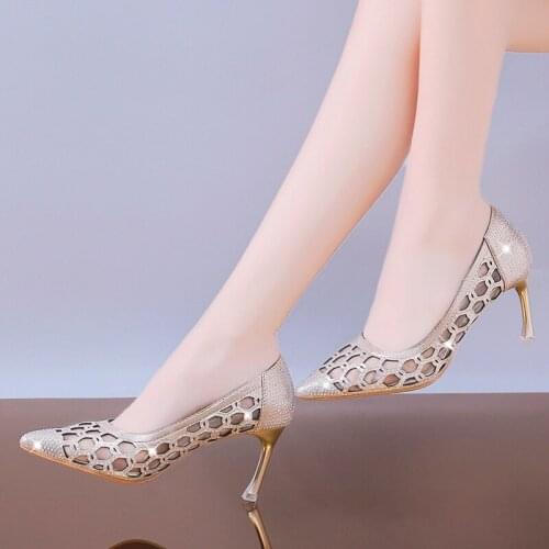 Women Pumps Fashion High Heels Stiletto Party Shoes Woman Sexy Ladies Point Toe Mesh Cut Out Summer Shoes Gold Black