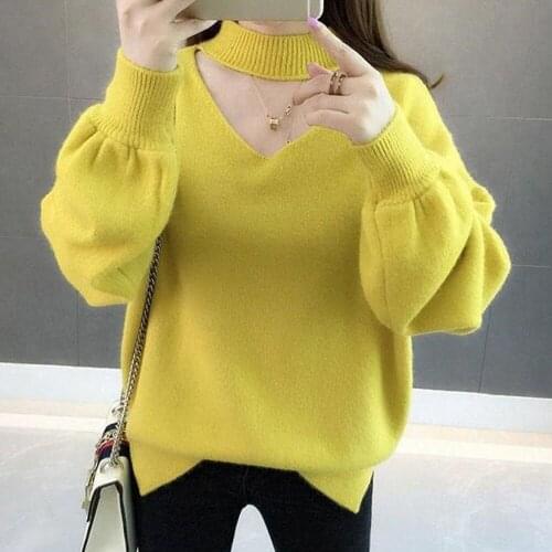 Loose Crazy Casual Style Thicked Pullover Sweater Women Solid V Neck Lantern Long Sleeve Basic Pull Femme Knit Jumper Top