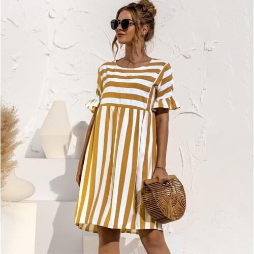 Ruffle Sleeve Striped Patchwork Summer Dress Woman 2021 Casual High Waist O Neck Loose Dresses For Women Fashion Beach Dress