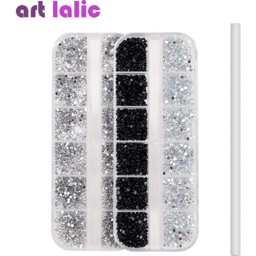 1.5mm + 2.0mm Nail Rhinestones with Dotting Pen Flat Bottom Clear Black White Glitters Container Case DIY Nail Art Decorations