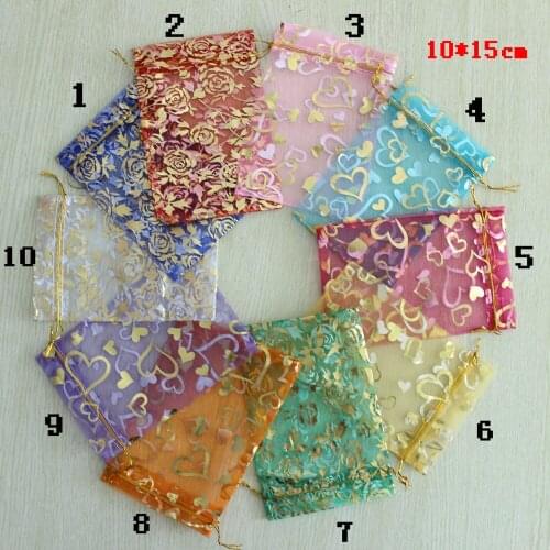 Size 10x15cm Wholesale 100pcs Gold Pattern Drawable Organza Bags Wedding Gift Bag