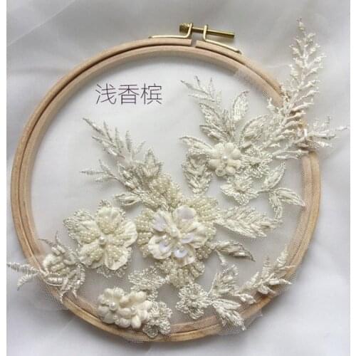 5 Pieces champange Bridal lace Applique,Handmade Heavy 3D Floral Tulle Bead Applique with Pearls,Sequined Flower Bodice Wedding