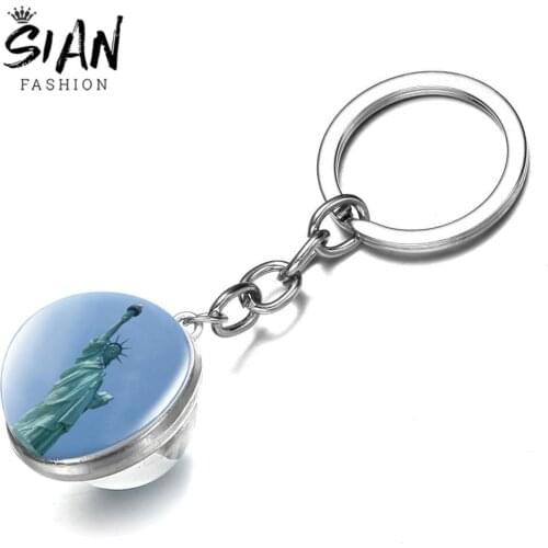 SIAN New York Statue of Liberty Art Picture Key Chains Glass Ball Double Side Key Ring Chain Holder Kid Trinket Gifts Wholesale