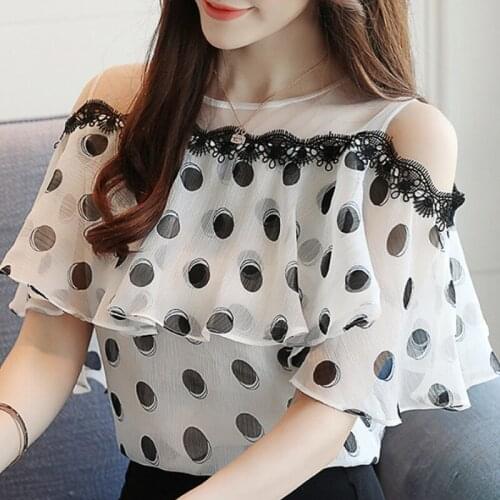 Summer Blouse Women Off Shoulder Top Short Sleeve Ruffles Dot Print Chiffon Blouse Shirt Blusas Mujer De Moda 2021 Blouses A823