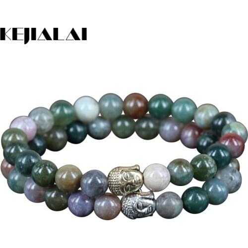 2pcs Natural India Stone Round Beads Charm Women Bracelet Mercy Two Color Buddha Head Stretch unisex Bracelet for women men