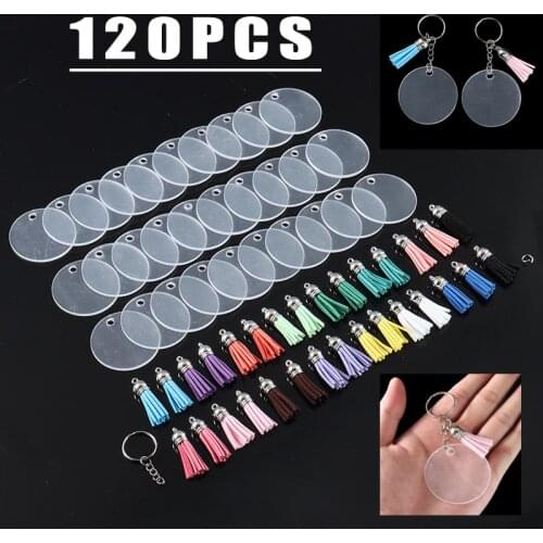 120PCS Keychain Tassels Fringe Keychain Tassel Pendants Keychains Blanks Clear Acrylic Circle Discs DIY Craft Accessories