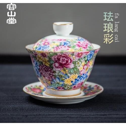 Coloured drawing or pattern colored enamel tureen tea cups porcelain teacup saucer large three suits kung fu tea set