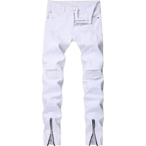 Skinny Jeans Men Stretch Skinny Pants with Pleated Ankle Zipper White Denim Jeans Hole Motorcycle Cargo Jean Men Calca Masculina