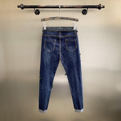 Autumn Winter Embroidery Jeans Women Flower Straight Loose Denim Ankle Length Pants Office Lady Blue Hole Ripped Pencil Pants