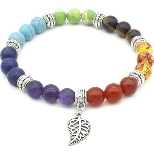 FYJS Unique Silver Plated Leaf Connect 8 mm Round Beads Colorful Quartz Stone Bracelet Healing Balancing Chakra Jewelry