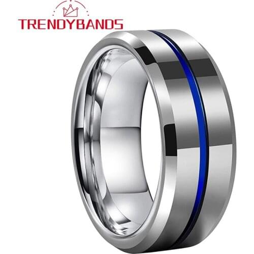 8MM Blue Tungsten Carbide Rings Wedding Band For Men Women Center Grooved Beveled Edges Polished Shiny Comfort Fit