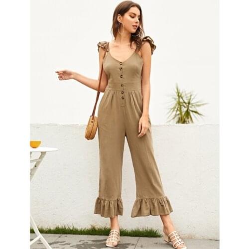 Neatie kiddie Fashion Ruffled Sleeve Ruffled Leg Breasted Jumpsuit Women Khaki V-neck Sleeveles OL Playusit