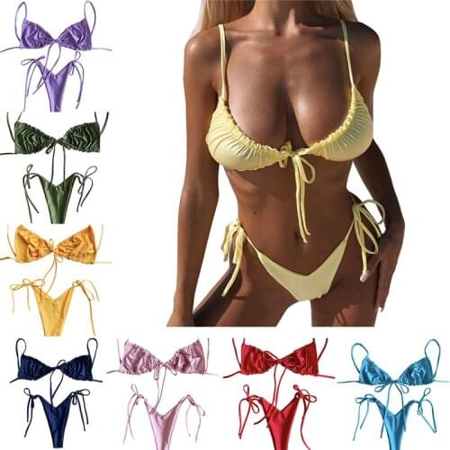 New Hot Sale Fashion Summer Women Sexy Triangle Lace Up Bikini Suits, Solid Color Ruched Trim Bra and Thong Swimwear Swimsuit