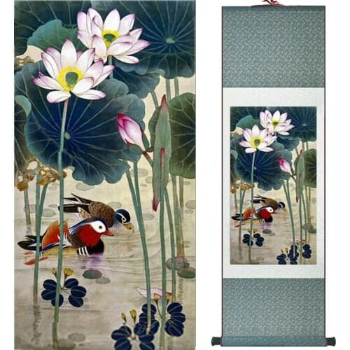 Mandarin Duck and water lily Chinese Art Painting Home Office Decoration Ink wash paintingPrinted painting