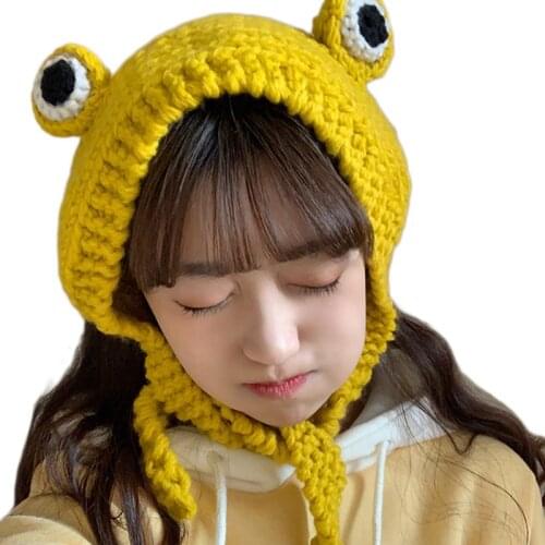Cute Frog Eye Weave Knit Skullies Beanie Hat Solid Color Winter Warm Earflap Cap