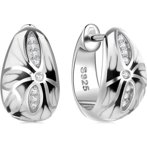 Fashion 925 Silver Chinese style black and white ink painting Flowers CZ Handmade Enamel Earrings for Women Original Jewelry