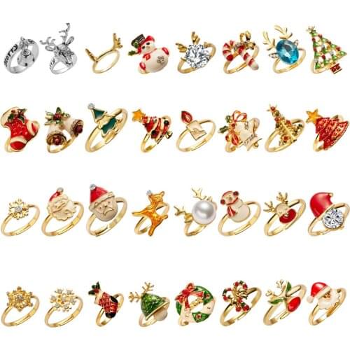 New Trendy Crystal Enamel Christmas Ring Women Delicate Xmas Tree Elk Santa Claus Snowman Bells Snowflake Finger Rings Wholesale
