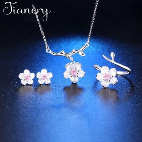 Sweet Fashion Cheery Flower Necklaces Pendant Rings Jewelry Sets for Women Wedding Statement Jewelry