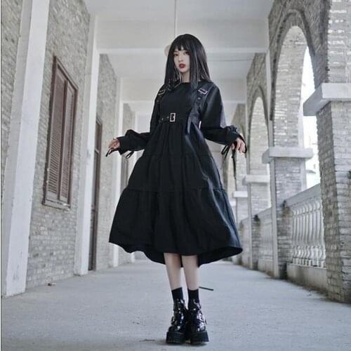 Gohtic Harajuku Dress For Girls 2021 Spring Goth Lolita Style Kawaii Cute Princess Long Sleeve Balck Midi Dress Streetwear