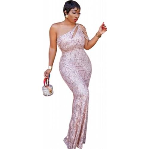 African Maxi Dresses For Women Solid Sequins Empire Robe 2021 Fashion Sexy One Shoulder Evening Long Africa Party Dress Vestidos