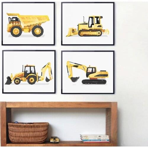 Construction Vehicle Watercolor Posters and Prints Bulldozer Backhoe Truck Toddler Boys Wall Art Canvas Painting Kids Room Decor