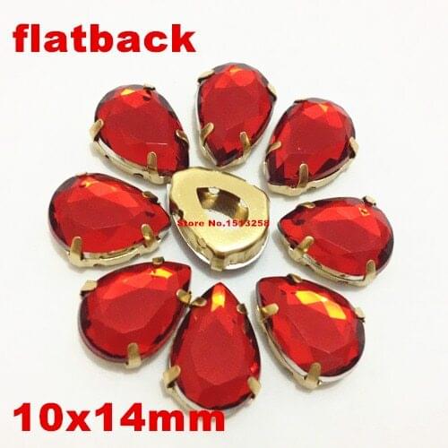 10x14mm Sew On Rhinestones Pear Stone Acrylic Fancy Stone In Plated Gold Claw Setting Sewing Beads Crystal Pink color