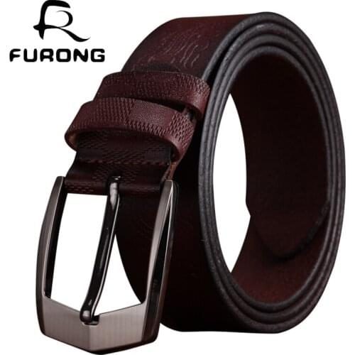 FURONG Men Casual Emboss Belts New Designer Vintage Cowskin Leather Waist Belt Fashion Luxury Black Genuine Leather Belt FR041