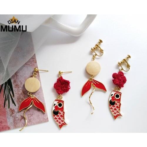 Clip-on earrings without pierced earrings Japanese red lucky koi and mermaid flower cute earrings earrings female