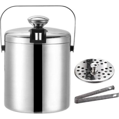 Ice Bucket with Lid and Strainer - Well Made Insulated Stainless Steel Double Wall Keep Ice Frozen- 1.3 Liter #CW