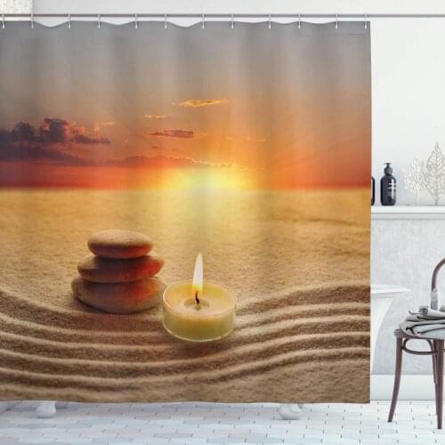 Orange Sand Brown Boho Shower Curtain Stack Stones and Candle Chakra Meditation Yoga Horizon Backdrop Picture Bathroom Curtain